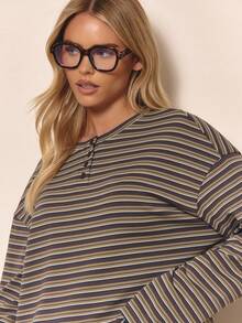 MUSERA 条纹落肩宽松长袖纽扣领上衣，可爱酷女孩舒适秋季日常清新女孩休闲田园风复古奶油糖色优雅春夏假日风 - 彩色 - 查看 2