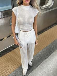 Siren Gaze 女款優雅白色夏季兩件套，休閒短袖立領針織上衣與寬腿抽繩長褲，機場度假穿搭，老錢風 - 彩色 - 查看 6