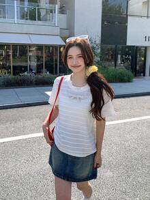 DAZY Women's Sweet White Bow Ruffle Striped Loose T-Shirt, Gorgeous Summer Top With Exquisite Design - White - View 7
