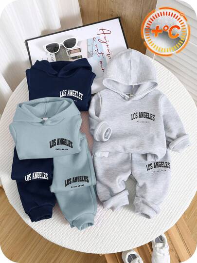 SHEIN 6件套男宝宝/女宝宝秋冬可爱时尚字母印花浅蓝色、深蓝色、灰色连帽卫衣和裤子，适合户外、运动，加厚秋冬