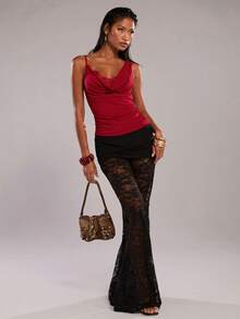 SHEIN BAE 樱桃红性感蕾丝拼接吊带背心/细肩带吊带衫/休闲上衣/音乐节上衣/派对上衣/外出上衣/约会上衣/夏季上衣 - 紅色 - 查看 4