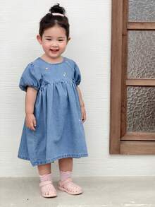 DAZY Đầm denim tay phồng cổ tròn kiểu Hàn Quốc cho bé gái - Màu xanh lam - Xem 6