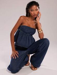 SHEIN BAE Conjunto de moda con top bandeau con volantes y pantalones vaqueros de pierna ancha para mujer - Azul lavado oscuro - Ver 6