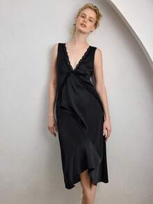 Ocili Camisón de satén suave con ribete de encaje, ropa de dormir elegante y cómoda para mujer en otoño - Negro - Ver 7