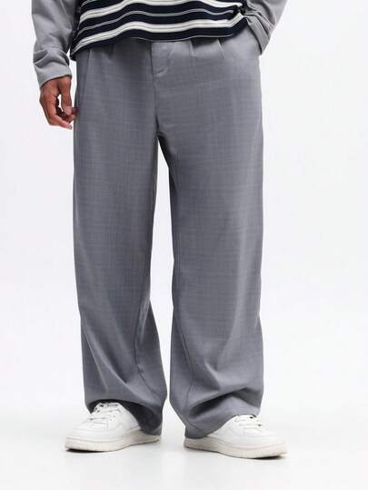 SUMWON Men's Wide Leg Grey Dress Pants With Classic Button Waist Pleated Front Professional Business Formal Trousers