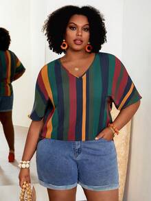 EMERY ROSE Plus Striped Print Batwing Sleeve Blouse,Flower/Spring/Summer/Vacation - Multicolor - View 1