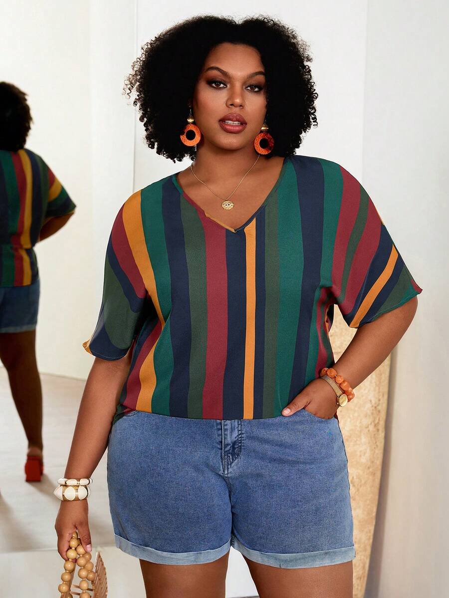 EMERY ROSE Plus Striped Print Batwing Sleeve Blouse,Flower/Spring/Summer/Vacation - Multicolor - View 1