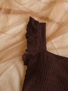 Soleia Elegant Knitted Ruched Floral Trim Cropped Top For Women, Suitable For Vacation,Summer Top - Coffee Brown - View 6