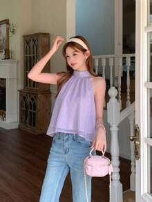 SHEIN Áo kiểu cổ yếm bằng chiffon màu tím thanh lịch dành cho thiếu nữ, áo kiểu cổ yếm trang trí nơ kiểu sinh viên. - Màu tím - Xem 3