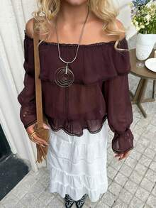 DAZY Summer Vacation Outfit Pink Lace Patchwork Off-Shoulder Loose Blouse For Women - Brown - View 7