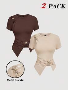 SHEIN MOD 女士金属串珠杏色开衩短袖T恤，夏季时尚，不对称上衣，开衩设计，夏季上衣，复古，老钱风，外出上衣。棕色和米色短袖上衣两件套 - 彩色 - 查看 1