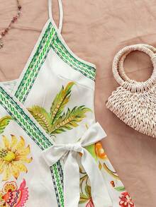 Soleia 大码女式热带元素棕榈叶吊带迷你裹身裙 - 彩色 - 查看 5