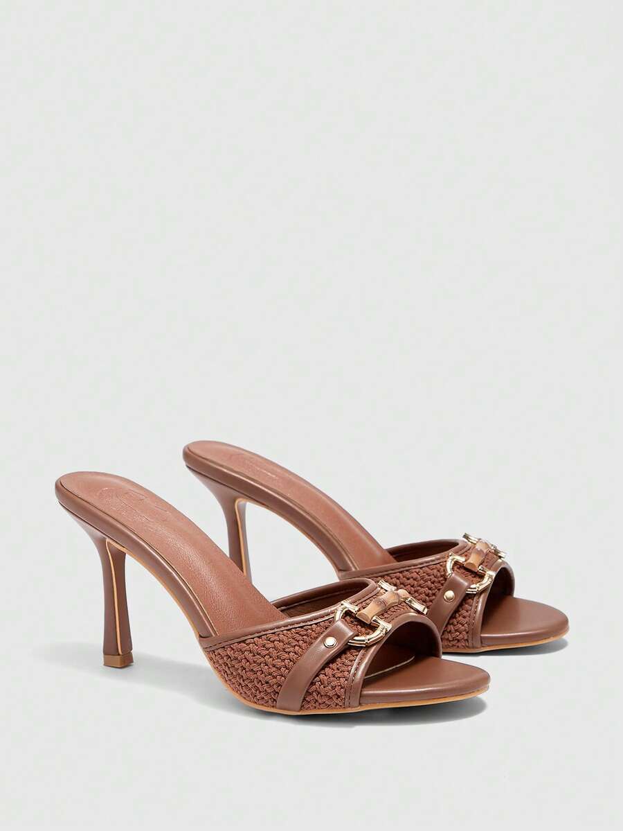 CUCCOO BIZCHIC 女士时尚通勤金属装饰高跟凉鞋 - 棕色 - 查看 1