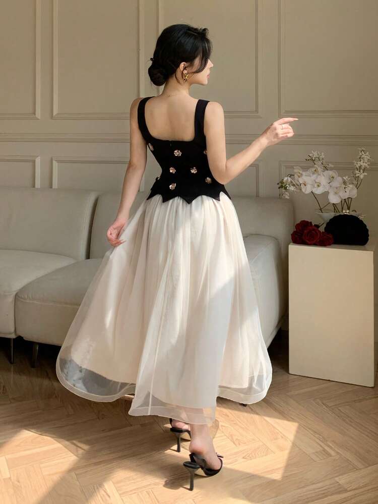 Women's Elegant Colorblock Sequin Sleeveless Dress, Suitable For Spring And Summer