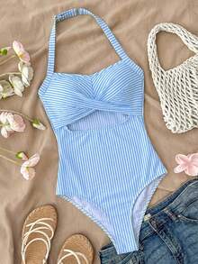 SHEIN 少女V领花卉金属扣系带白色纹理针织连体泳衣，度假沙滩装 - 藍白色 - 查看 6