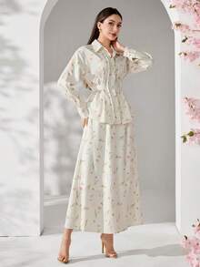 Veilorie Women's Elegant Commuter Ditsy Floral Shirt And Skirt 2 Pieces Set - Apricot - View 4
