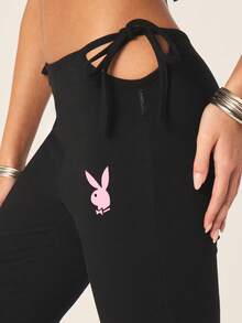 Missguided x Playboy Quần legging ống loe cạp cao buộc dây bên hông dành cho nữ, kiểu quần yoga với logo thỏ hồng. - màu đen - Xem 5
