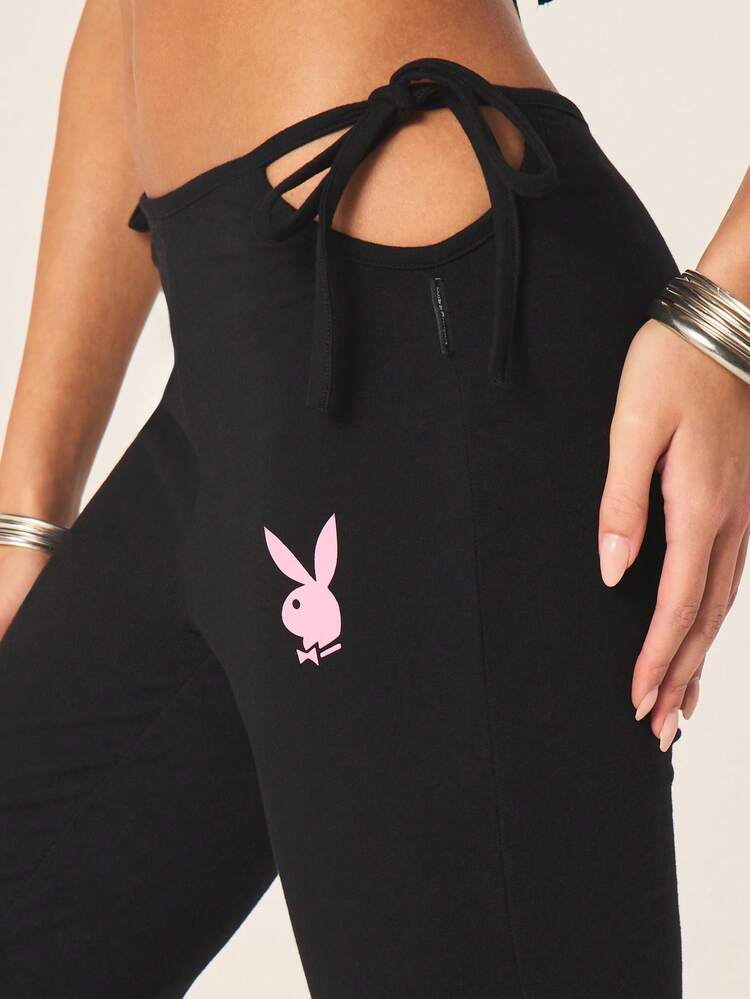 Missguided x Playboy Cut Out Tie Side Flared Leggings Women's High Rise Bell Bottom Yoga Pants With Pink Bunny Logo