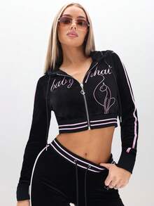 BABYPHAT Plus Size Black Velour Full Zip Sweatshirt With Pink Trim Contrast Detailing And Cursive Script Print Long Sleeve Track Jacket - Black - View 5