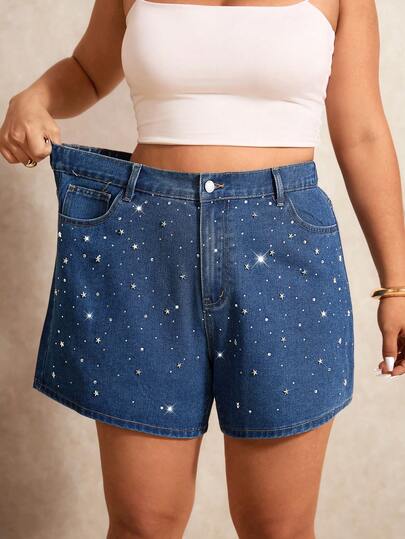 Elaquor 大码水钻装饰弹力腰斜插口袋休闲牛仔短裤