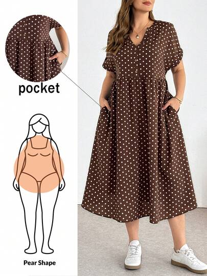 SHEIN Essnce Plus-Size Women's Spring/Summer Fashion Casual Loose Comfortable Everyday Slimming Brown Polka Dot Short-Sleeved Midi Dress With Pockets,Summer Clothes,Vacation Outfits Polkadott Dress Midi Summer Dress Plus Casual Dress Large Dress, Summer Dresses