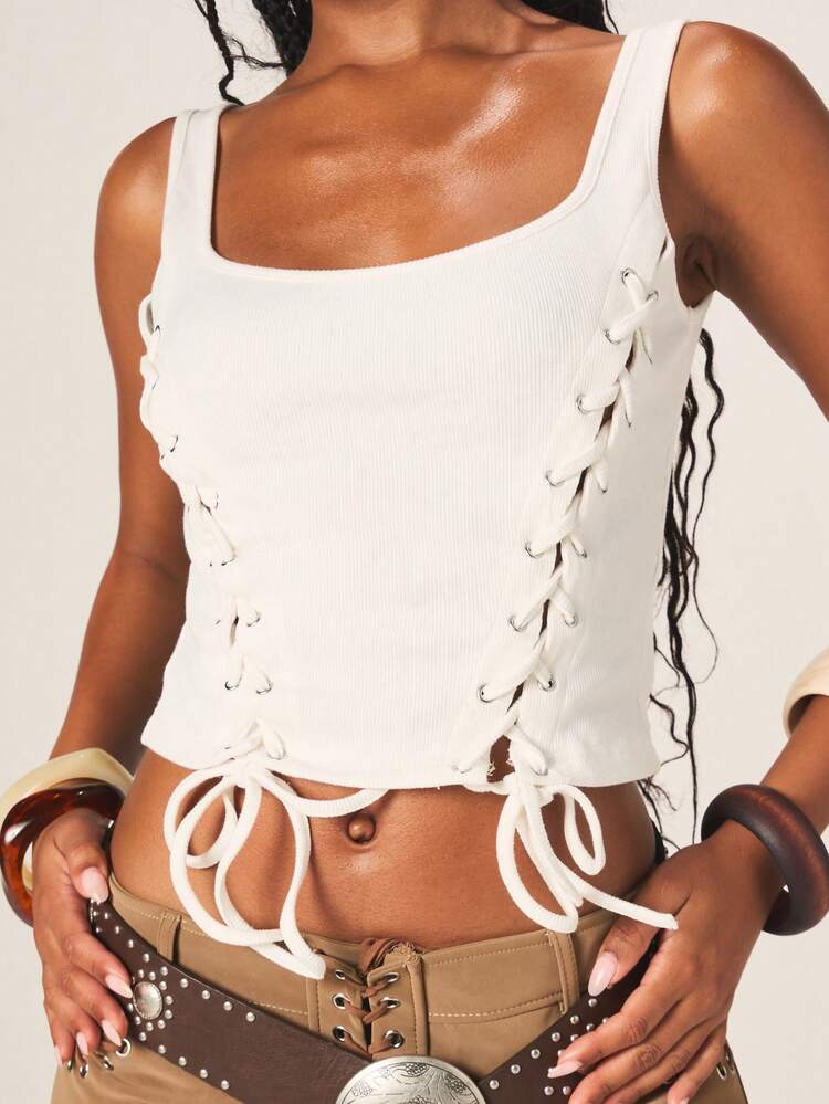 MISSGUIDED Ribbed Knit Tank Top With Eyelet Lace Up Side Detail Sleeveless Tank Top Summer Casual Fashion