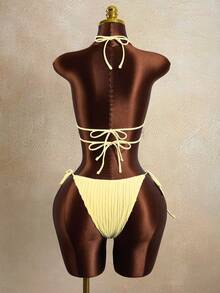 Zestiva Ensemble de bikini 2 pièces pour femmes avec Top à rayures ondulées et liens au cou, pour l'été - Jaune citron - Voir 2