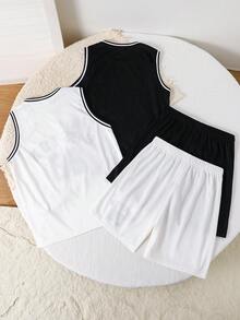 SHEIN 4 pièces Ensemble de débardeur à col rond imprimé et short pour garçons enfants/pré-adolescents, style décontracté et confortable, 2 styles 1 de chaque, ensemble 4 pièces - Noir et Blanc - Voir 4
