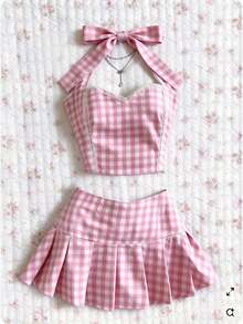 Elamini Women's Plaid Halter Top And Mini Skirt 2 Pieces Set Gingham Set Plaid Two Piece Set Pink Plaid Set Two Piece Skirt Set Summer Two Piece Set - Pink - View 1