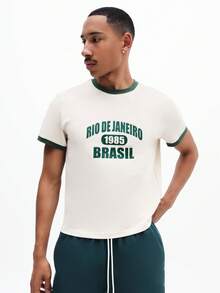 SUMWON 男士休闲修身圆领T恤，印有巴西里约热内卢图案，短袖圆领，棉混纺面料，适合夏季度假旅行穿着。 - 杏色 - 查看 3