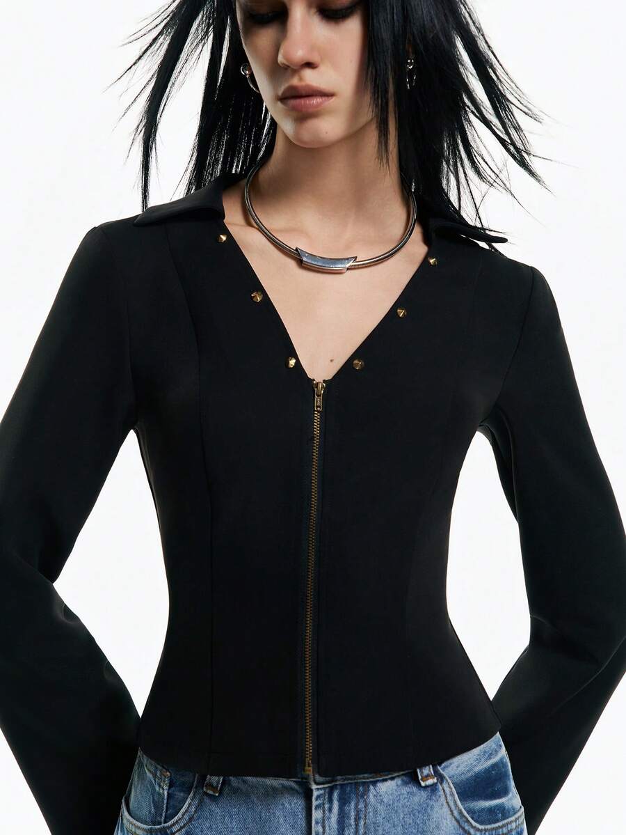 Airlisse Women's V-Neck Zip-Up Fitted Jacket, Spring/Summer Y2K 2026 Spring/Summer Black Top - Black - View 1