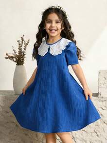 Vestido de niña preadolescente con cuello redondo, bordado floral y manga abullonada con volantes, adecuado para compras, fiestas, reuniones, vacaciones y escuela - Azul - Ver 1