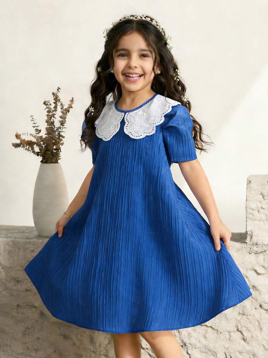 Vestido de niña preadolescente con cuello redondo, bordado floral y manga abullonada con volantes, adecuado para compras, fiestas, reuniones, vacaciones y escuela - Azul - Ver 1