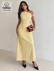 Aloruh Đầm công sở nữ bằng cotton, kiểu dáng bất đối xứng, đính kim loại, eo nhún bèo, thích hợp mặc đi làm. - Màu vàng - Xem 8