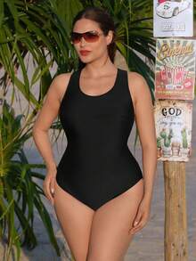 Swim SPRTY Plus Size Women Solid Color One-Piece Swimsuit, Sexy Criss-Cross Back, Suitable For Surfing, Beach, Vacation, Swimming, Water Sports - Black - View 7