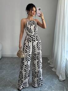 SHEIN Elenzya Mono de pierna ancha con tirantes de espagueti y cintura ceñida, con estampado en blanco y negro, diseño encantador y elegante para vacaciones, playa, calle, viajes diarios, sexy y romántico, negocios, citas, vacaciones, mono sin mangas en blanco y negro - Multicolor - Ver 4