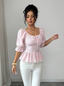 SHEIN Clasi Women's Elegant Refined Fashionable Square Collar Puff Sleeve Cinched Waist Casual/Work Chic Minimalist Pink Short Sleeve Blouse - Pink - View 5