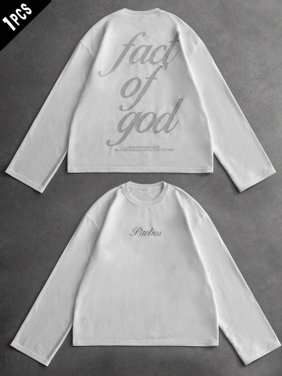 PAVTROS Men's Casual Fashionable Street Slogan Embroidery Print Loose Fit Long Sleeve T-Shirt, Suitable For Spring And Autumn Daily Commute - White - View 1