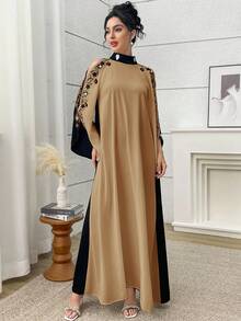 Al Najma Vestido casual de mujer con cuello alto, estilo árabe con aplicaciones - Caqui - Ver 4