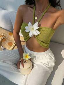 Aloruh 女士度假海滩花卉装饰露背上衣夏季海滩度假 - 墨綠色 - 查看 3