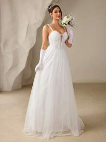 Coutiva Elegant White Wedding Dress For Women,Spring Formal Silky Mesh Corset Ball Gown With Lace Sequins,Slim Off-The-Shoulder Evening Bridal Dresses - White - View 7