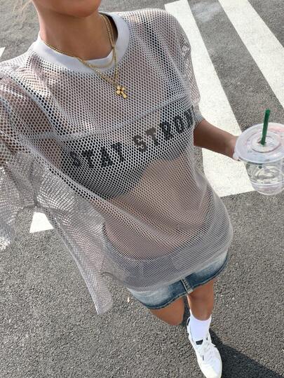 Muchica Summer Women's Knitted Sheer Mesh Digital Print Sports T-Shirt, Summer Outfits Boyfriend Style Basketball Jersey Mesh Shirts Streetwear Top Mesh Long Sleeve See Through Shirt Long Sleeve Summer