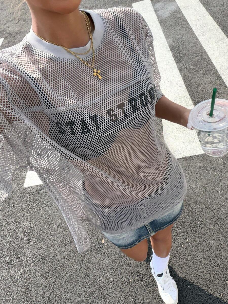 Muchica Summer Women's Knitted Sheer Mesh Digital Print Sports T-Shirt, Summer Outfits Boyfriend Style Basketball Jersey Mesh Shirts Streetwear Top Mesh Long Sleeve See Through Shirt Long Sleeve Summer - Grey - View 1