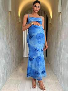 MaterniChic 孕妇夏季度假印花吊带鱼尾裙 - 藍色 - 查看 9