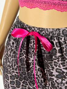 Sexy Leopard Print Contrast Color Lace Trim Camisole & Pants Women Sleepwear Set Cute Lounge Set Two Piece Night Set Woman 2 Piece Set Leopard Print Lounge Set Pink Trim Pajama Set - Multicolor - View 9