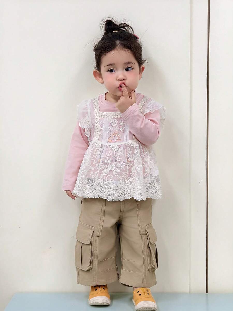 Dazy Kids 女婴/幼儿圆领韩式层叠无袖蕾丝上衣 - 白色 - 查看 1