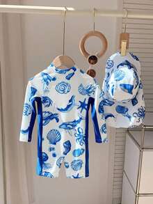 SHEIN 2件套男童可爱卡通印花撞色长袖防晒泳衣及泳帽套装，适合海滩、泳池、春夏穿着 - 彩色 - 查看 2