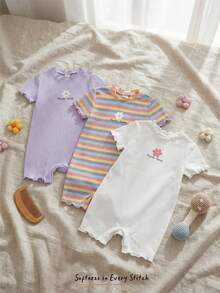 Cozy Pixies 3件套女婴碎花条纹针织柔软圆领短袖连体衣和短裤套装 - 彩色 - 查看 8