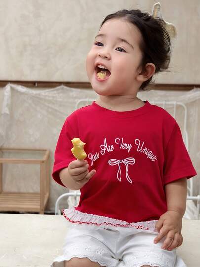 DAZY Toddler Girls' Letter Print Lace Trim Patchwork Short Sleeve Top