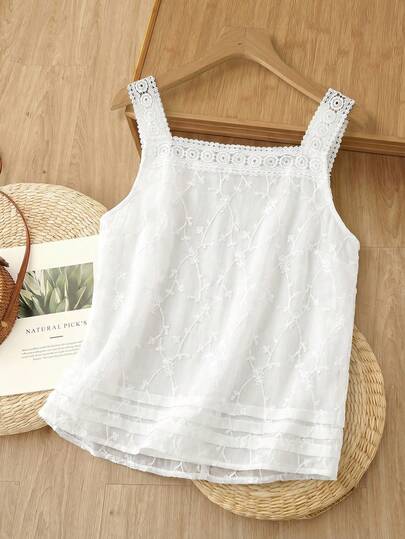 Rusticease Women's Solid Color Lace Patchwork Square Collar Casual Sleeveless Blouse